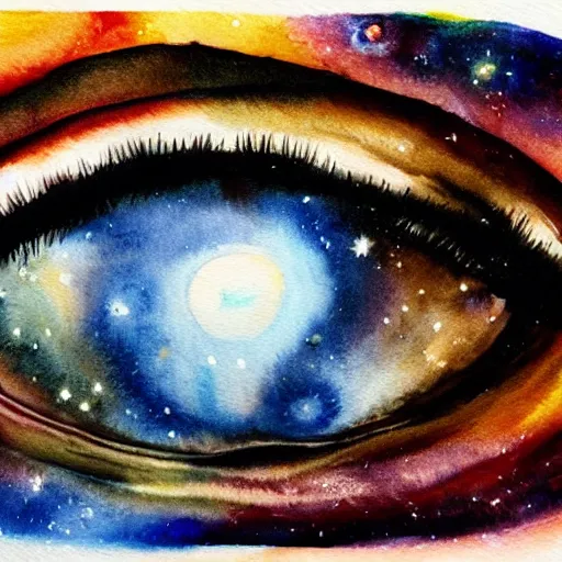 Image similar to a beautiful eye in the middle of a galaxy, watercolour