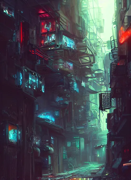 Image similar to airbrushed painting of a cyberpunk alleyway, stunning, featured on artstation, cinematic lighting, hyperdetailed, cgsociety, 8k, dramatic, dark atmosphere, alluring