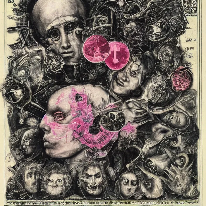 Image similar to post - punk new age album cover, asymmetrical design, dollar bank notes, capitalism, magic, apocalypse, psychedelic, black white pink, highly detailed, magic, giger h. r., giuseppe arcimboldo