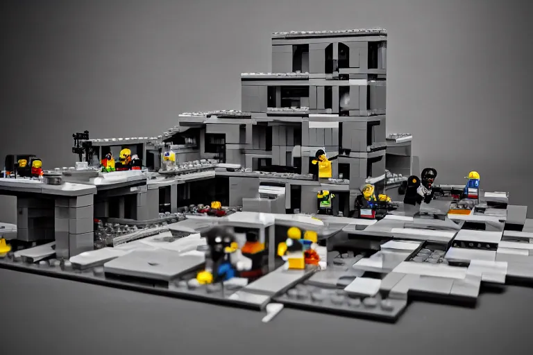 Image similar to Lego set of a brutalist building, studio photography, spotlight, low saturation