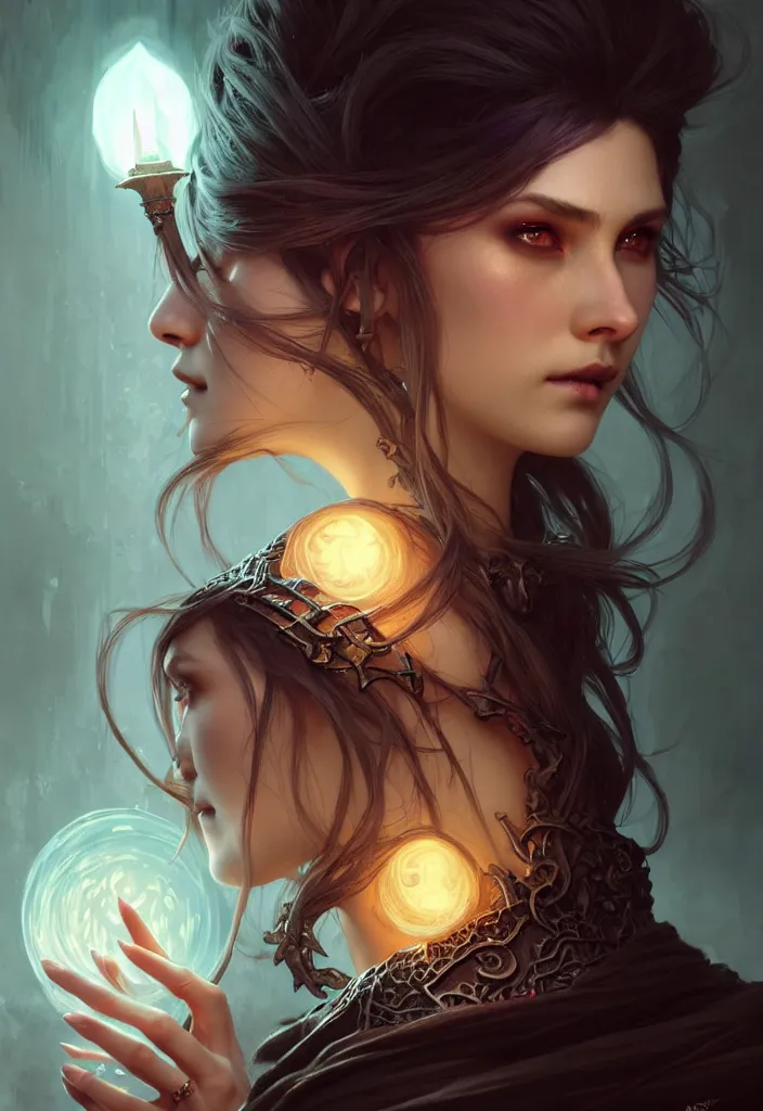 Image similar to Necromancer Sorceress, fantasy magic, undercut hairstyle, dark light night, intricate, elegant, sharp focus, illustration, highly detailed, digital painting, concept art, matte, art by WLOP and Artgerm and Greg Rutkowski and Alphonse Mucha, masterpiece