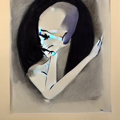 Image similar to ink drawing portrait of a woman in suit by edward hopper and jenny saville and raphael