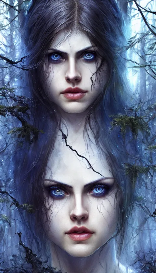 Prompt: photo of a gorgeous nordic female, covered in blue blood, in a dark forest, alexandra daddario face!, realistic, sharp focus, 8 k high definition, insanely detailed, intricate, elegant, art by stanley lau and artgerm, luis royo, greg kutkowski