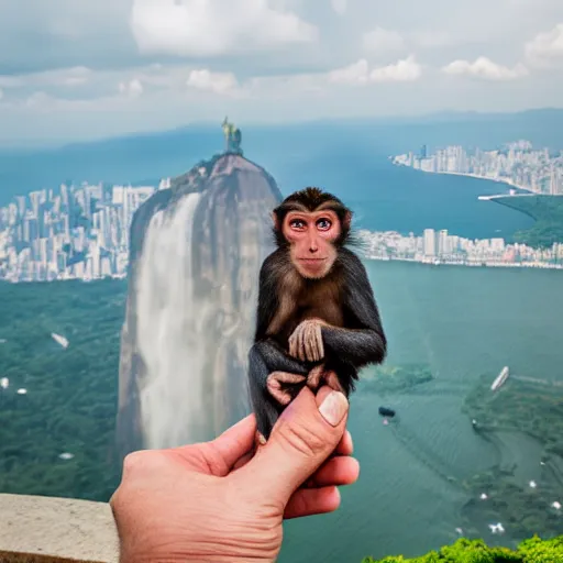 Image similar to high quality portrait of a monkey in front of Christ The Redeemer, studio photograph, photograph, realistic photo, 8k photo, 4k photo, stock photo, high resolution, cinematic shot, high detail