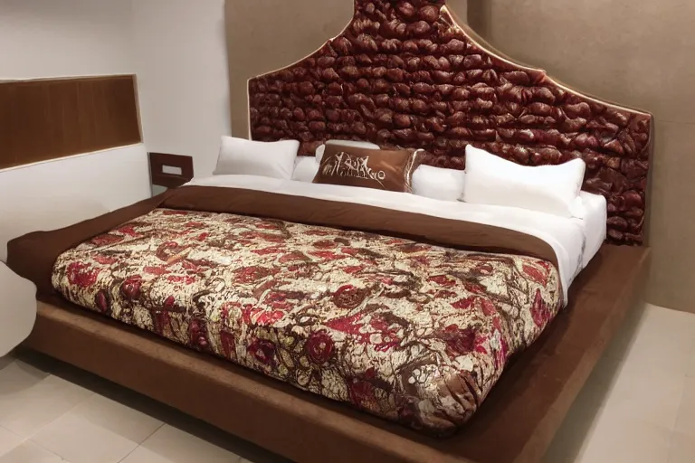 Prompt: a bed made of chocolate