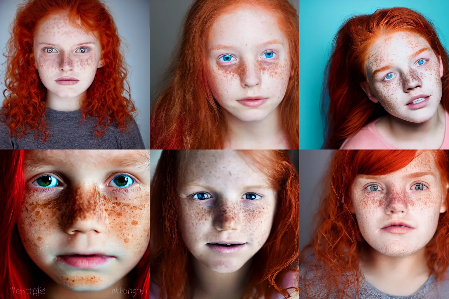 Prompt: Extreme closeup of a 10 year old girl's face, red hair, freckles, well lit, studio quality, studio lighting, award winning