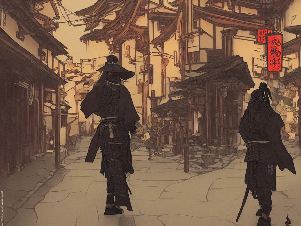 Image similar to a wandering samurai in full armor walking in the streets of a japanese village, dusk, by fiona staples, range murata, alphonse mucha