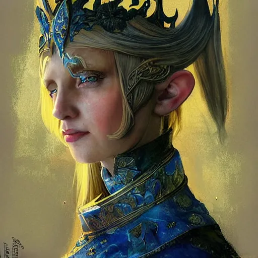 Prompt: a beautiful elven princess with a blond hair and blue eyes, fantasy character portrait by denis sarazhin