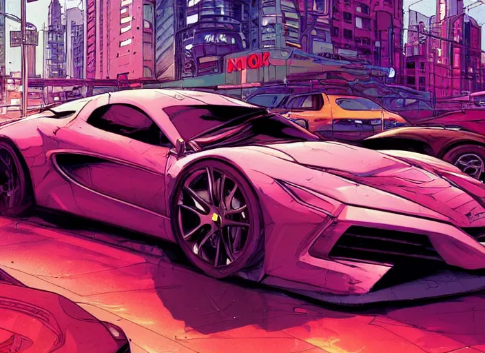 Image similar to a sport car in a city, sharp focus. cinematic pose, cinematic lighting, art by josan gonzales and moebius and deathburger.