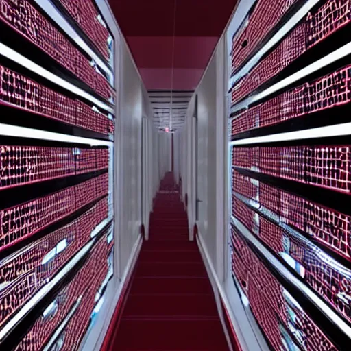 Image similar to evil server room, screen with ai face on it, dark, red lighting