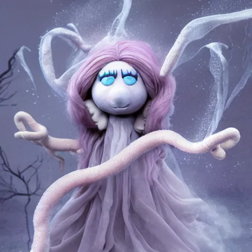 Prompt: an ethereal dream like fantasy fluffy ghost like spooky live action muppet wraith like figure with a squid like parasite latched as its head and four long tentacles for arms that flow gracefully at its sides like a cloak while it floats around a frozen rocky tundra in the snow searching for lost souls and that hides amongst the shadows in the trees, this character has hydrokinesis and electrokinesis is a real muppet by sesame street, photo realistic, real, realistic, felt, stopmotion, photography, sesame street