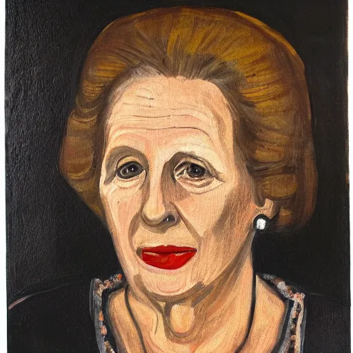 Prompt: margaret thatcher as a 1 2 th century peasant woman in england, painting, exhibited at british museum, oil on canvas, restored, art