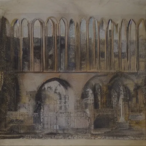 Image similar to flat primitive drawing, front view, full face, aqueduct with 4 arches