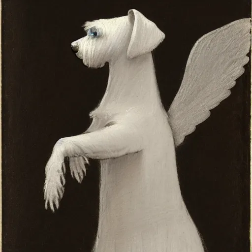 Image similar to reinacensse sketch, white schnauzer dog with two open wings, front view, leonardo da vinci