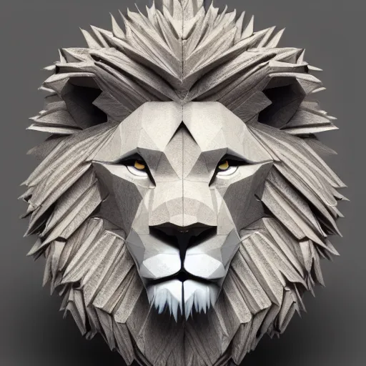 Image similar to origami lion made of wood, symmetrical, photorealistic, octane render, intricate, highly detailed