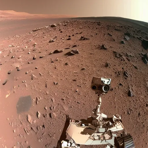 Image similar to a mars rover selfie with a martian photo - bombing behind it