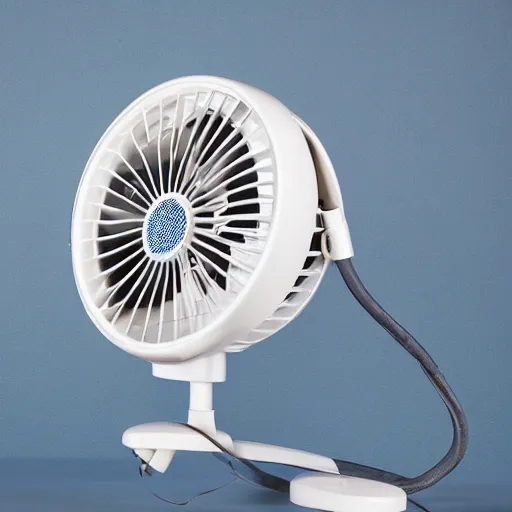 Image similar to desk fan with a tube attached to the back going all the way up to the cealing but not attached to the ceiling, professional photography, studio lighting