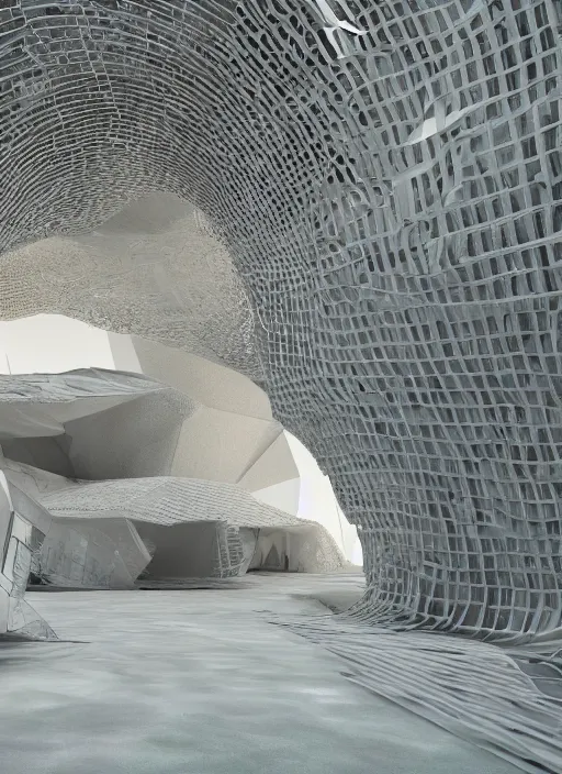 Image similar to art exhibition, architecture installation in biennale venezia, bioremediation white mining tailing futuristic horizontal architecture, epic, cinematic, hyperealistic, high detailed, corona render, hdr, ray tracing