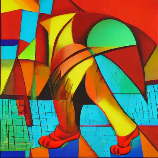 Image similar to fat latin woman dancing, brilliant sunset, cubism, texture, no collage, no pastels