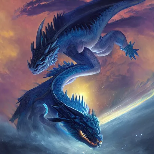 Prompt: prompt Blue crystalline European dragon devouring a planet, space, planets, moons, sun system, nebula, oil painting, by Fernanda Suarez and and Edgar Maxence and greg rutkowski