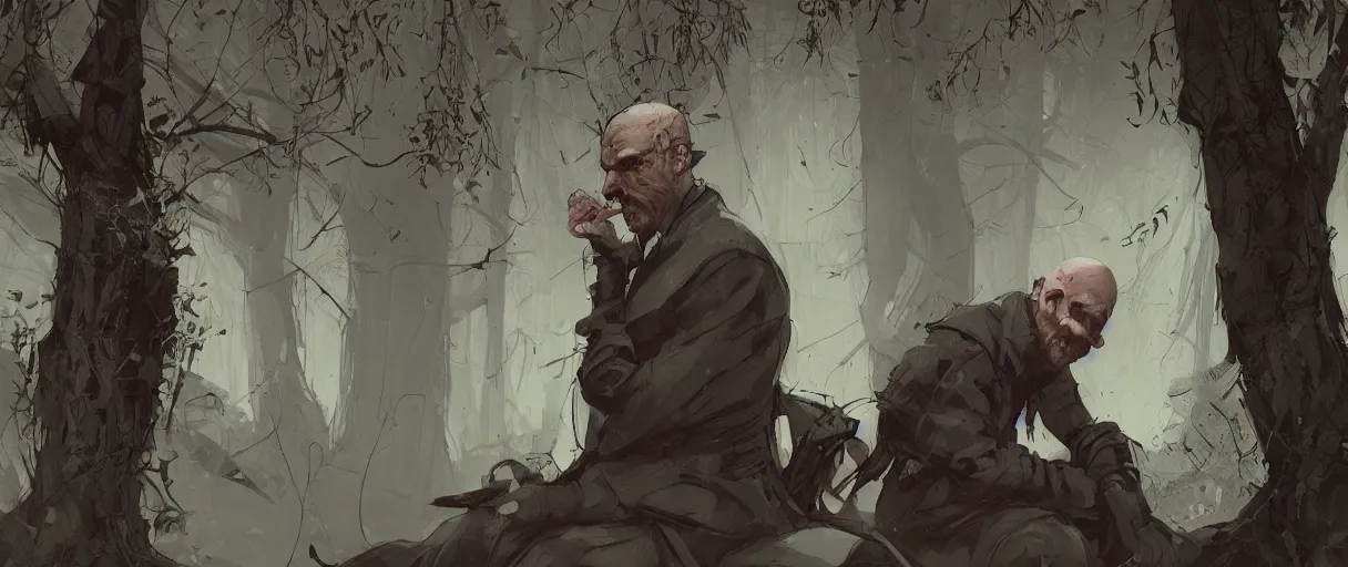 Image similar to comic noir illustration 3 / 4 portrait of bald merchant without beard and without hat. demonic stare. medieval clothes with pouches. brown tunic. sitting below willow tree in a foggy evening by sachin teng and sergey kolesov and ruan jia and heng z. graffiti art, scifi, fantasy, hyper detailed. octane render. concept art. trending on artstation