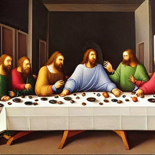 Image similar to high quality oil painting by leonardo da vainci, last supper with raven birds