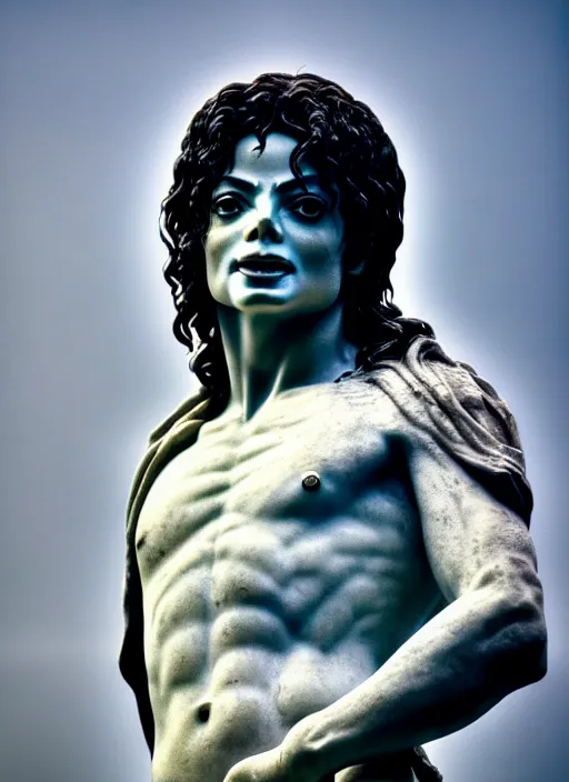 Image similar to michael jackson as marble statue by michaelangelo, high lights, 4 k, high detailed photography, 5 0 mm lens, depth of field, cinematic