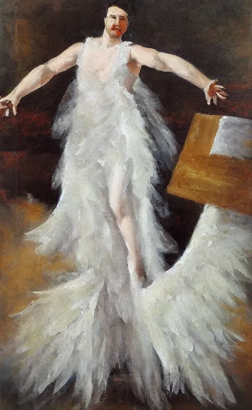 Image similar to painting artemov leonid, an opera singer in a white dress with wings on stage