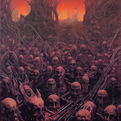 Prompt: mcdonald's in a city in hell, wayne barlowe painting