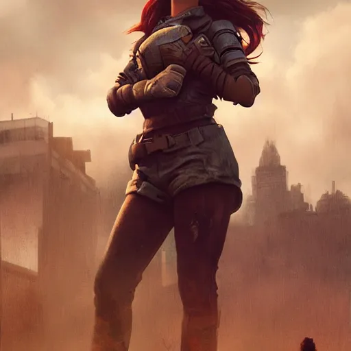 Prompt: fallout 5, charismatic beautiful rugged brunette female protagonist, portrait, outdoors ruined cityscape, atmospheric lighting, painted, intricate, volumetric lighting, beautiful, daytime, sunny, slight overcast weather, sharp focus, deep colours, ultra detailed, by leesha hannigan, ross tran, thierry doizon, kai carpenter, ignacio fernandez rios