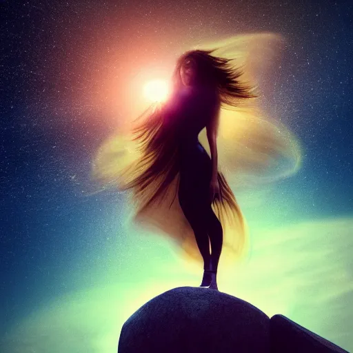 Prompt: A beautiful woman with long, flowy hair standing on a rock, witnessing the explosion of a bulging, corrupted star in space. trending on artstation, artstation futurism, artstation photography, subsurface scattering, 4k, 8k