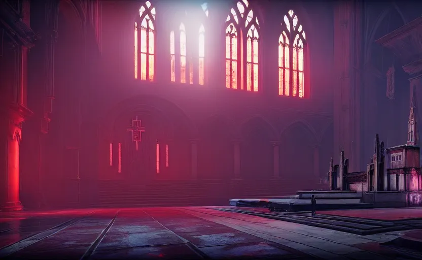 Prompt: symmetrical, ancient church of worship with red shafts of light in destiny 2, foggy, liminal, dark, dystopian, beautiful architecture, abandoned, highly detailed 4 k 6 0 fps destiny 2 expansion promotional poster, reveal image gameinformer