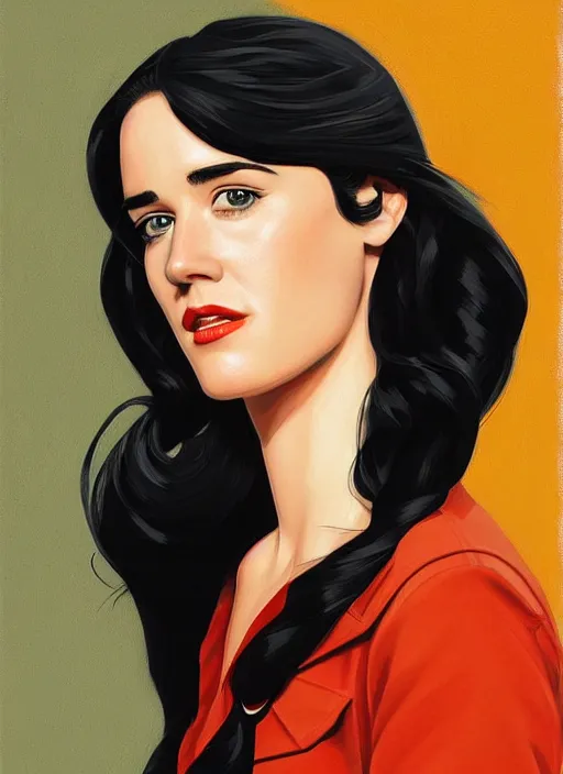 Image similar to detailed artwork by phil noto ; stylized painting of young jennifer connelly ; eva green ; young jennifer connelly from the rocketeer ; brush texture ; asymmetric composition ; paint texture ; trending on artstation ; gallery painting by phil noto, comic style