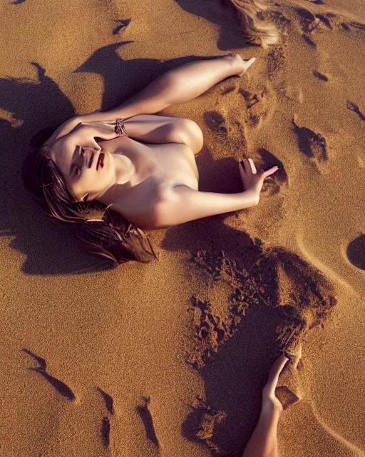 Image similar to olivia laying in the desert sand, wearing a sun dress, harsh shadows, bright lighting, black hair, freckles, pale skin, photo by greg rutkowski, female beauty, intricate detail, elegance, sharp shapes, masterpiece