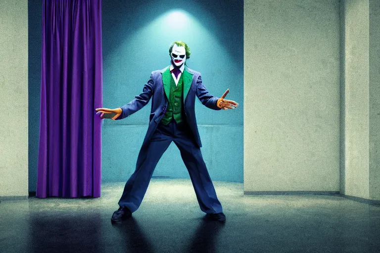 Image similar to the Joker standing on the stage of a disheveled movie theater, the stage light is directed at him, blue worn down curtains are behind him, realistic lighting, post processed lighting, 4k professional photography, wide angle lens