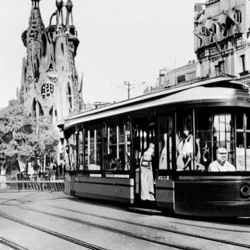Image similar to gaudi stopping a tram with one hand while smiling