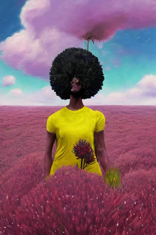 Image similar to closeup, giant flower head, black woman in heather field, surreal photography, starlight, storm clouds, impressionist painting, digital painting, artstation, simon stalenhag