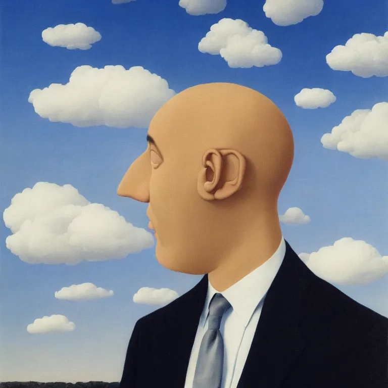 Image similar to portrait of a faceless mirror - head man in a suit, clouds in the background, by rene magritte, detailed painting, distance, middle centered, hd, hq, high resolution, high detail, 4 k, 8 k