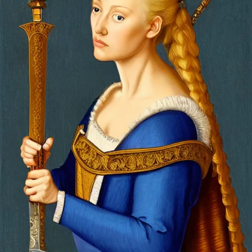 Prompt: intricate detailed portrait of a beautiful blonde noble woman from the 13th century holding a ceremonial greatsword, high quality, breathtaking, somber, photo realism.