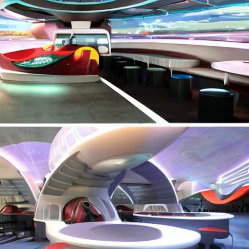 Prompt: futuristic fast food restaurant and drive through designed for space ships