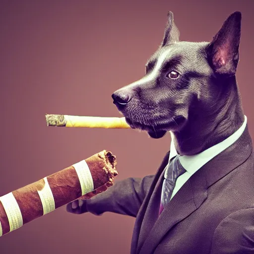 Image similar to a high detail closeup photograph of a dog wearing a suit 👔,and smoking a cigarrette🚬, award wining photograph, digital art