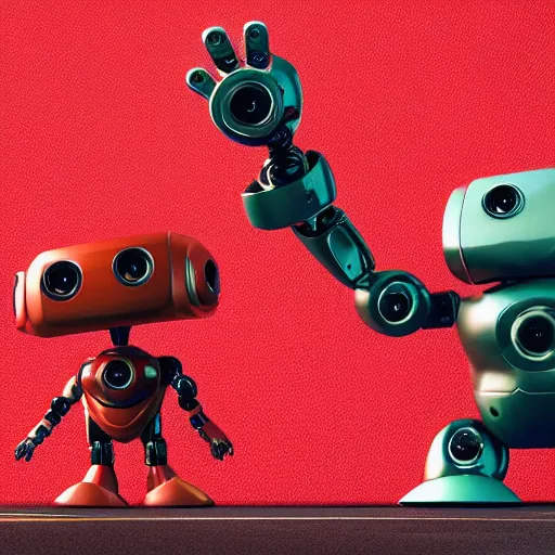 Image similar to small robot characters in red, warzone, octane render