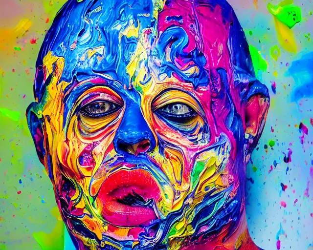 Image similar to abstract expressionist portrait of a head showing strong negative emotions painted with very thick impasto paint and acrylic pour and coloured powder explosion and splashing paint and dripping paint and flying paint chunks, motion blur, hyperrealistic, intricate art photography, anatomically correct, realistic crisp textures, dramatic lighting,