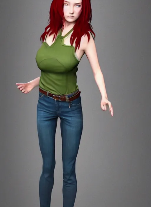 Prompt: 3D model of a full-body shot of an attractive tomboy girl with long, crimson red hair and red eyes, wearing a brown, open jacket and green jeans with a stern look, concept art, character design, by WLOP, by Ross Draws, by Tomine, by Satoshi Kon, by Rolf Armstrong, by Peter Andrew Jones