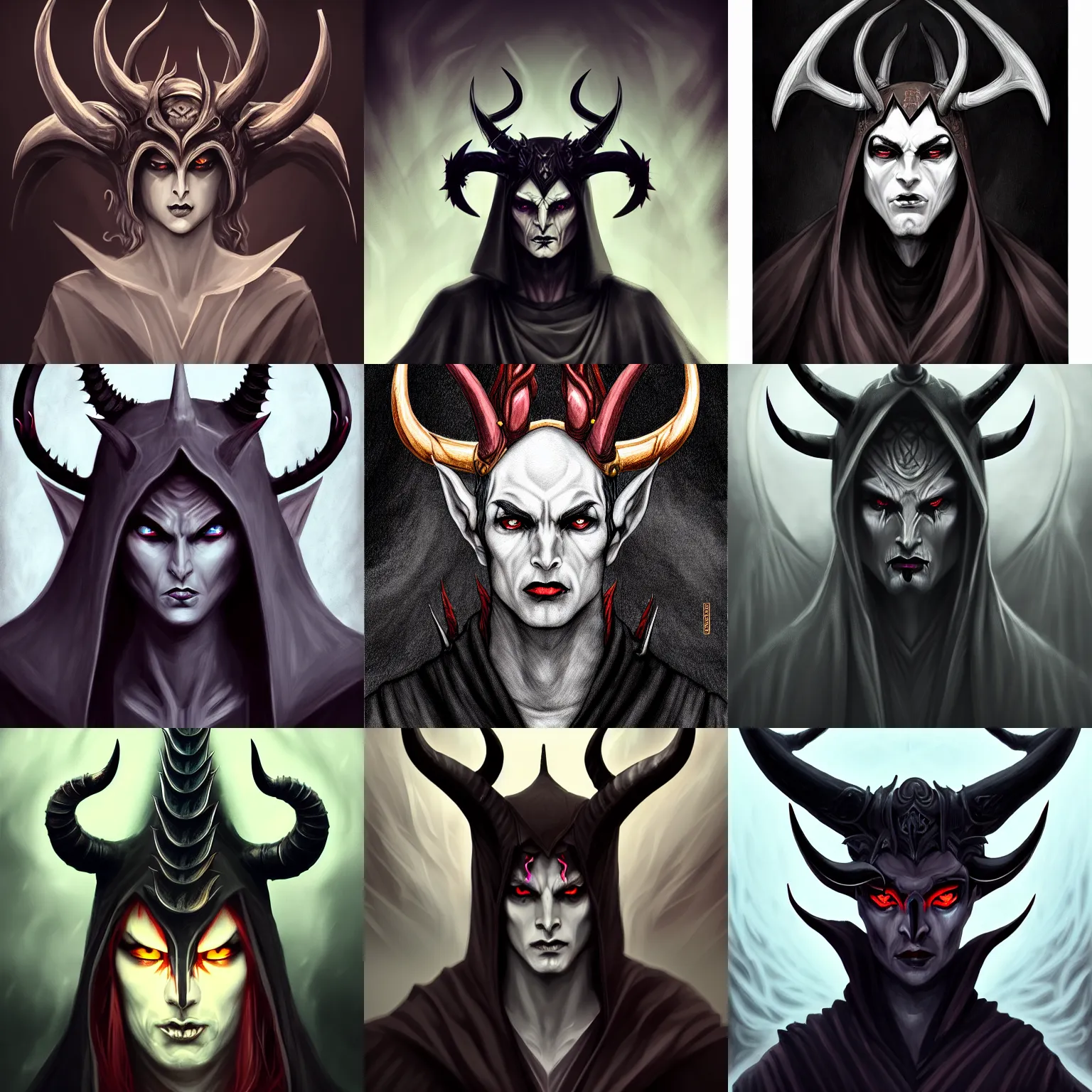 Prompt: photo of powerful demon with horns, wearing dark robes, elegant, matte, surreal, thorn halo, fantasy, highly detailed, sharp focus, illustration, digital painting