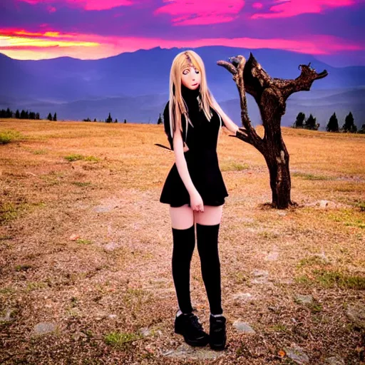 Image similar to misa amane standing near a beautiful landscape, back facing, mountain with a dead tree in the background, sunset with cloudy skies, in a different realm, award winning dslr photography, clear image, global illumination, radiant lighting, intricate environment