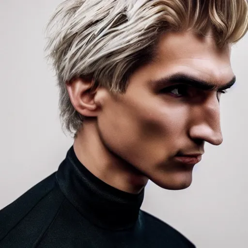 Image similar to a closeup shot of handsome xqc, gigachad, strong jawline, photorealism, 8k