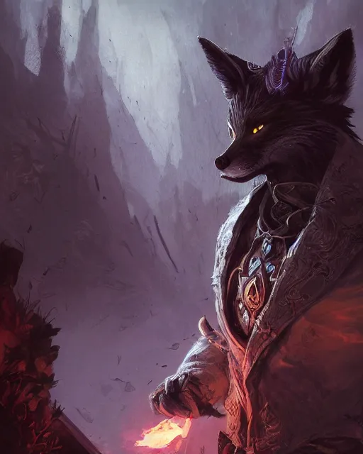 Image similar to Dark Fox Mage, spell, fog, magic the gathering artwork, D&D, fantasy, cinematic lighting, centered, symmetrical, highly detailed, digital painting, artstation, concept art, smooth, sharp focus, illustration, volumetric lighting, epic Composition, 8k, art by Akihiko Yoshida and Greg Rutkowski and Craig Mullins, oil painting, cgsociety