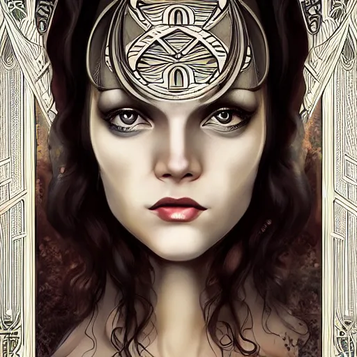 Image similar to an art nouveau, ( art deco ), multi - racial portrait in the style of anna dittmann and charlie bowater and chanthara. very large, clear, expressive, and intelligent eyes. centered, ultrasharp focus, dramatic lighting, photorealistic digital matte painting, intricate symmetrical ultra detailed background.