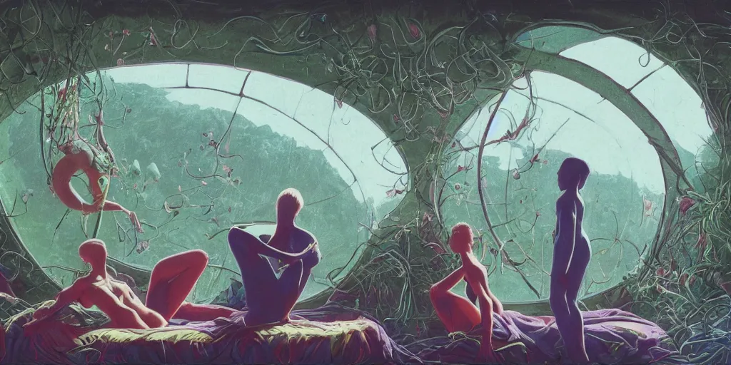 Image similar to illustrated figures relaxing in 90s interior with organic circular windows, natural starlight, bright colors, romantic greenery, flowers, cinematic, cyberpunk, smooth, chrome, lofi, nebula, calming, dramatic, fantasy, by Moebius, by zdzisław beksiński, fantasy LUT, studio ghibli, high contrast, epic composition, sci-fi, dreamlike, surreal, angelic, 8k, unreal engine, hyper realistic, fantasy concept art,